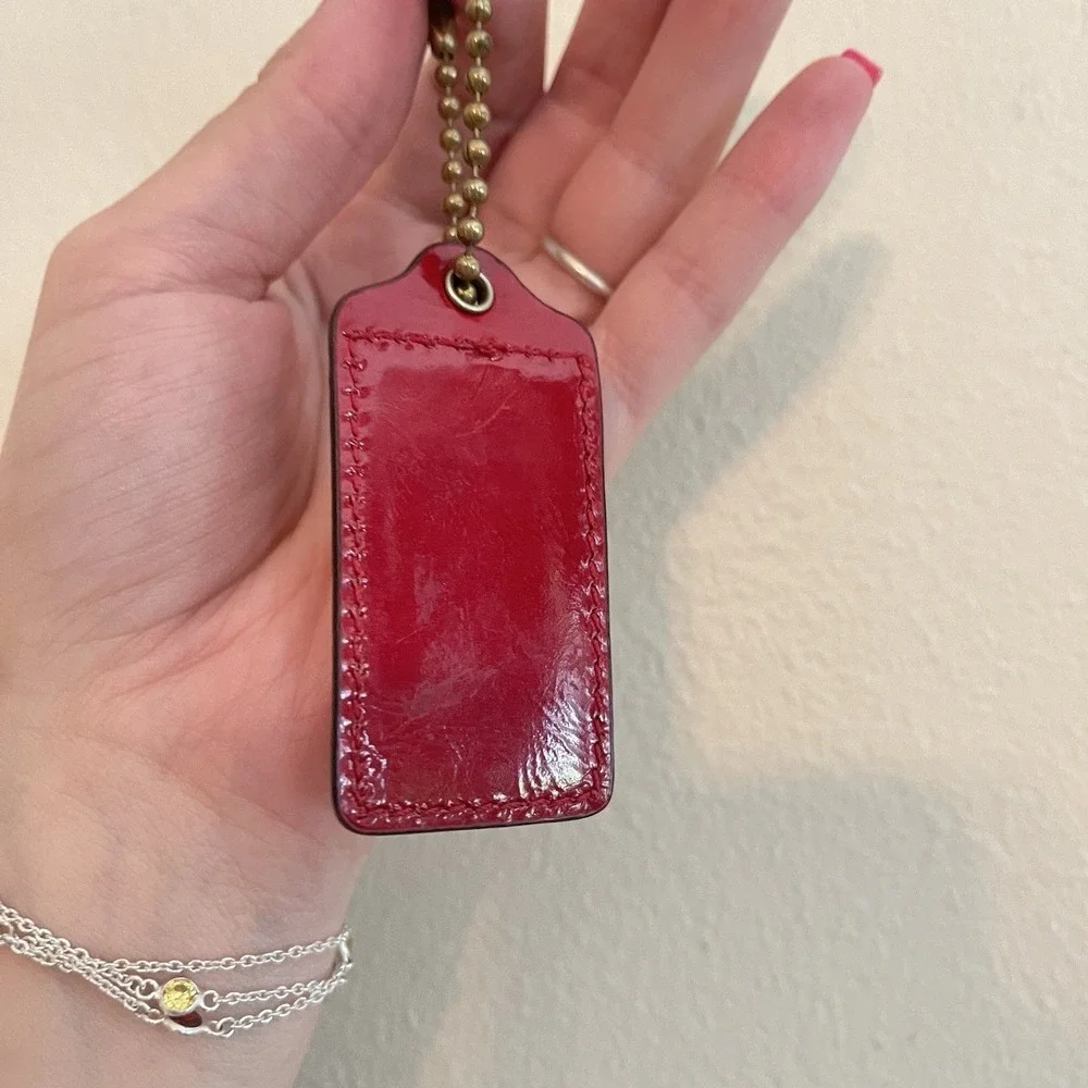 Vintage Coach Red Patent Leather Hang Tag Key Fob Bag Charm Brass Gold